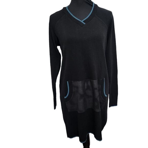 Dino Gaspari Black Ribbed Knit Dress with Collar Medium Faux Leather Pocket - Picture 14 of 15